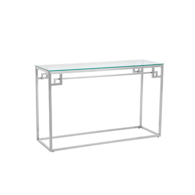 Geometric Silver Finish Stainless Steel Console Table with Tempered Glass Top, Allure