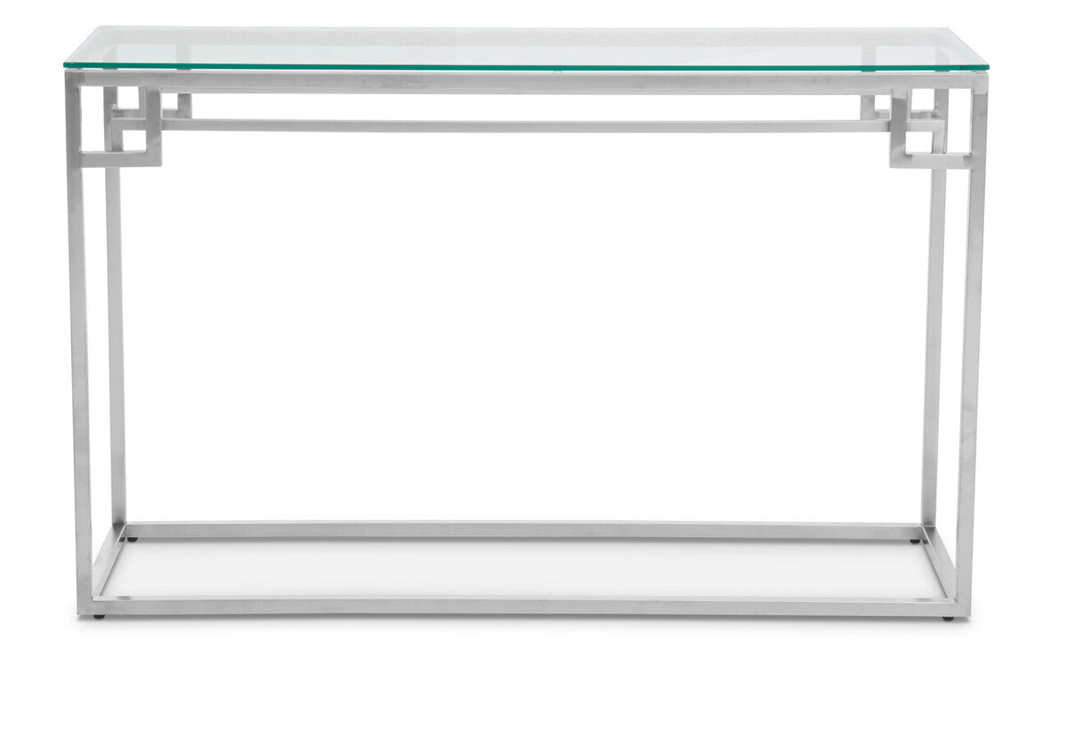 Geometric Silver Finish Stainless Steel Console Table with Tempered Glass Top, Allure