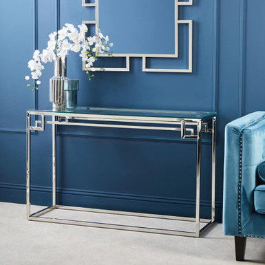 Geometric Silver Finish Stainless Steel Console Table with Tempered Glass Top, Allure
