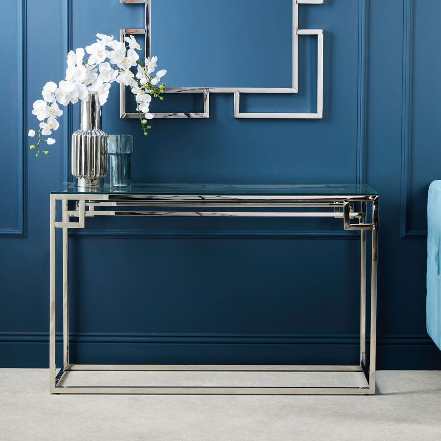 Geometric Silver Finish Stainless Steel Console Table with Tempered Glass Top, Allure