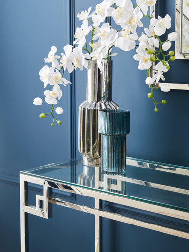 Geometric Silver Finish Stainless Steel Console Table with Tempered Glass Top, Allure