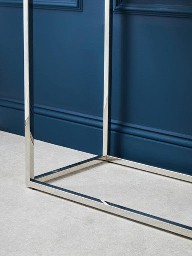 Geometric Silver Finish Stainless Steel Console Table with Tempered Glass Top, Allure