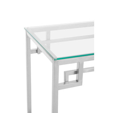 Geometric Silver Finish Stainless Steel Console Table with Tempered Glass Top, Allure