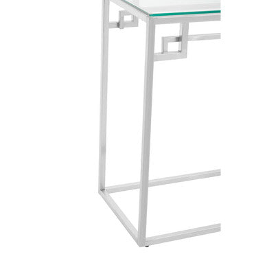 Geometric Silver Finish Stainless Steel Console Table with Tempered Glass Top, Allure
