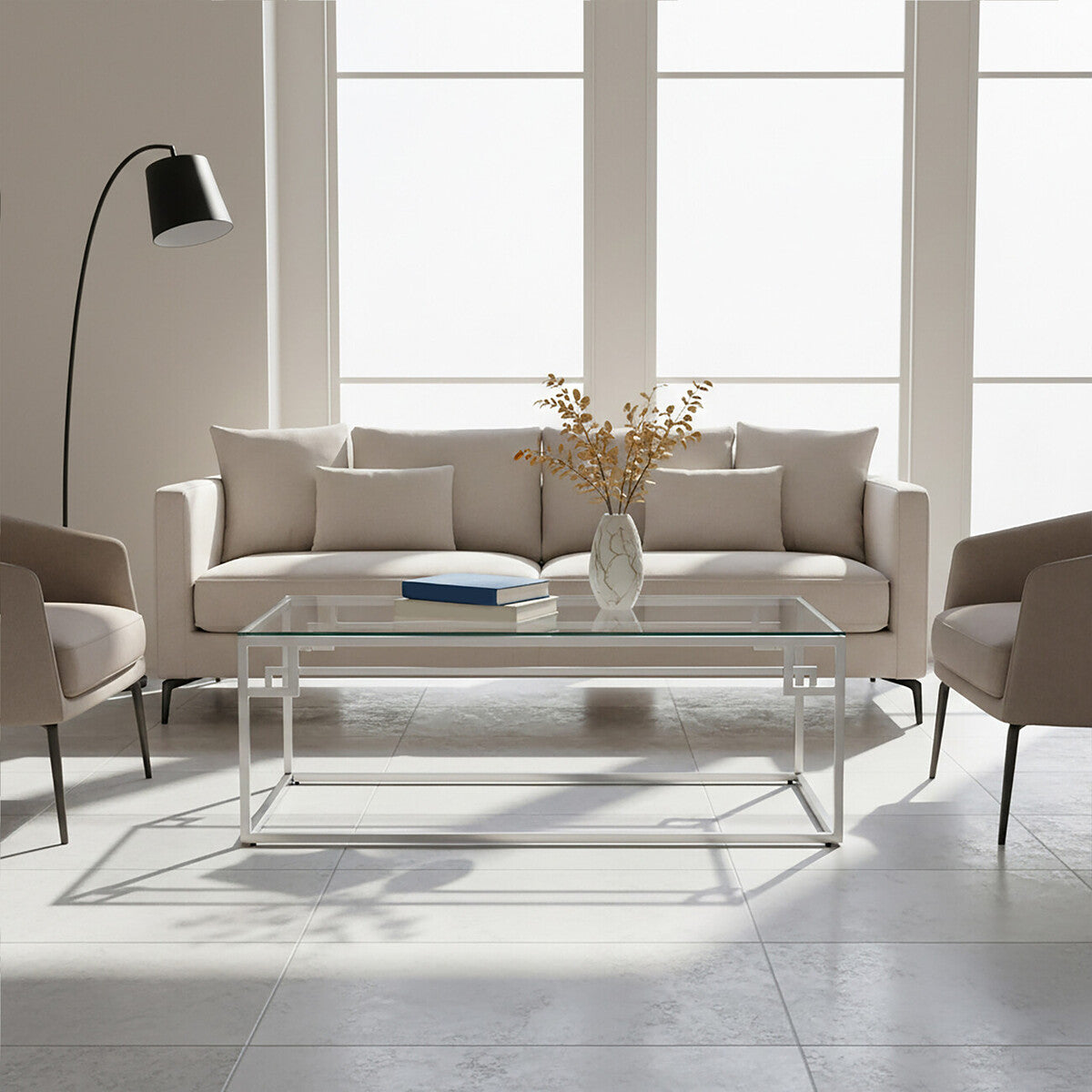 Silver Geometric Rectangular Coffee Table with Tempered Glass Top | Allure