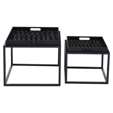 Set of 2 Removable Black and Gold Abstract Tray Tops Nesting Side Tables with Black Metal Frames, Celina