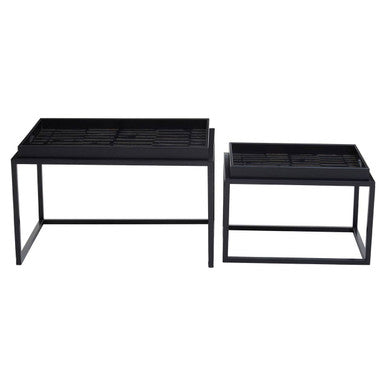 Set of 2 Removable Black and Gold Abstract Tray Tops Nesting Side Tables with Black Metal Frames, Celina