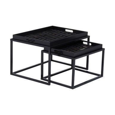 Set of 2 Removable Black and Gold Abstract Tray Tops Nesting Side Tables with Black Metal Frames, Celina