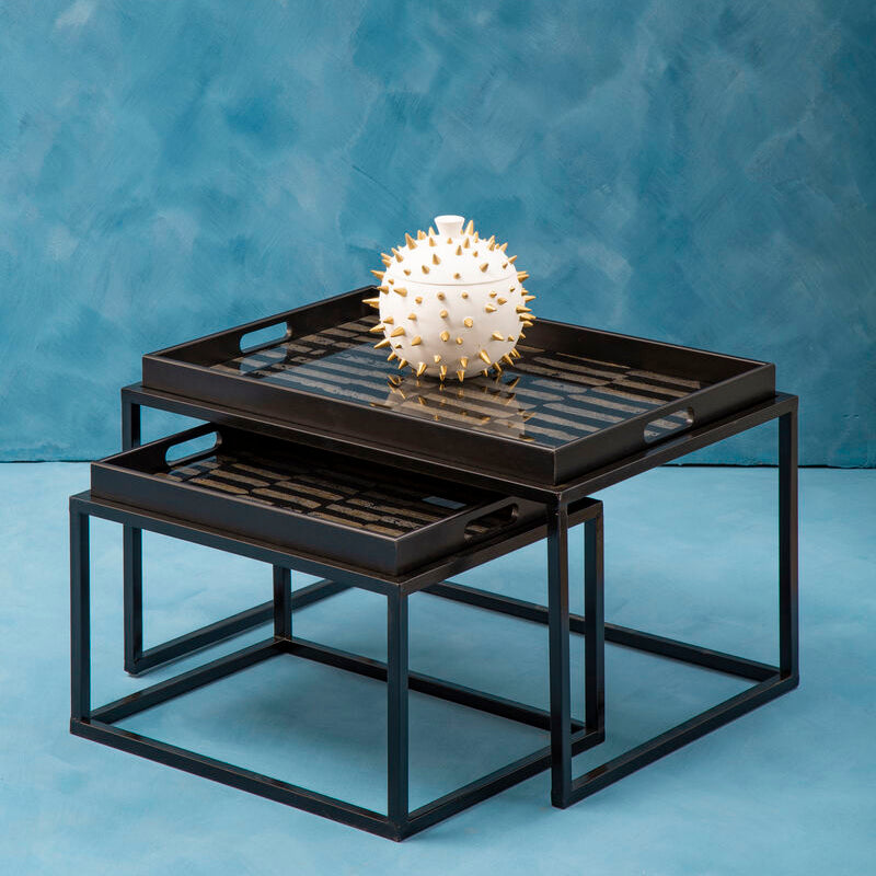 Set of 2 Removable Black and Gold Abstract Tray Tops Nesting Side Tables with Black Metal Frames, Celina