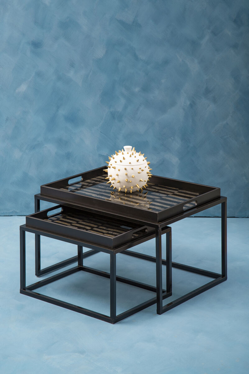 Set of 2 Removable Black and Gold Abstract Tray Tops Nesting Side Tables with Black Metal Frames, Celina