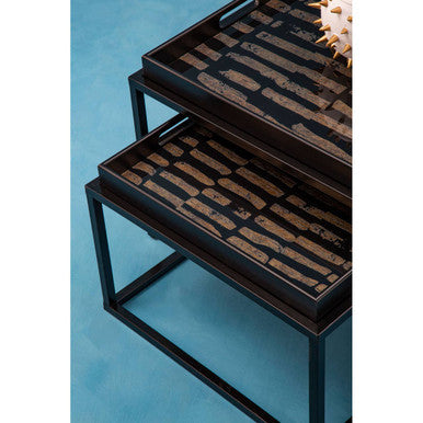Set of 2 Removable Black and Gold Abstract Tray Tops Nesting Side Tables with Black Metal Frames, Celina