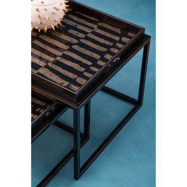 Set of 2 Removable Black and Gold Abstract Tray Tops Nesting Side Tables with Black Metal Frames, Celina