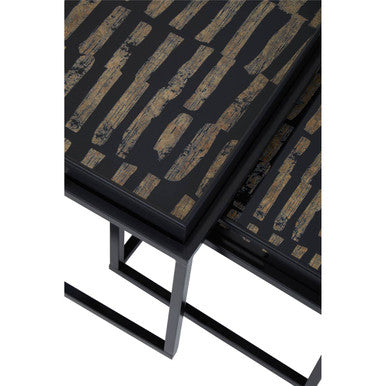Set of 2 Removable Black and Gold Abstract Tray Tops Nesting Side Tables with Black Metal Frames, Celina
