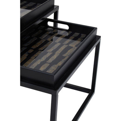 Set of 2 Removable Black and Gold Abstract Tray Tops Nesting Side Tables with Black Metal Frames, Celina