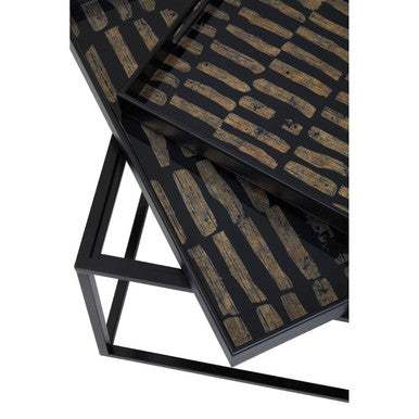 Set of 2 Removable Black and Gold Abstract Tray Tops Nesting Side Tables with Black Metal Frames, Celina