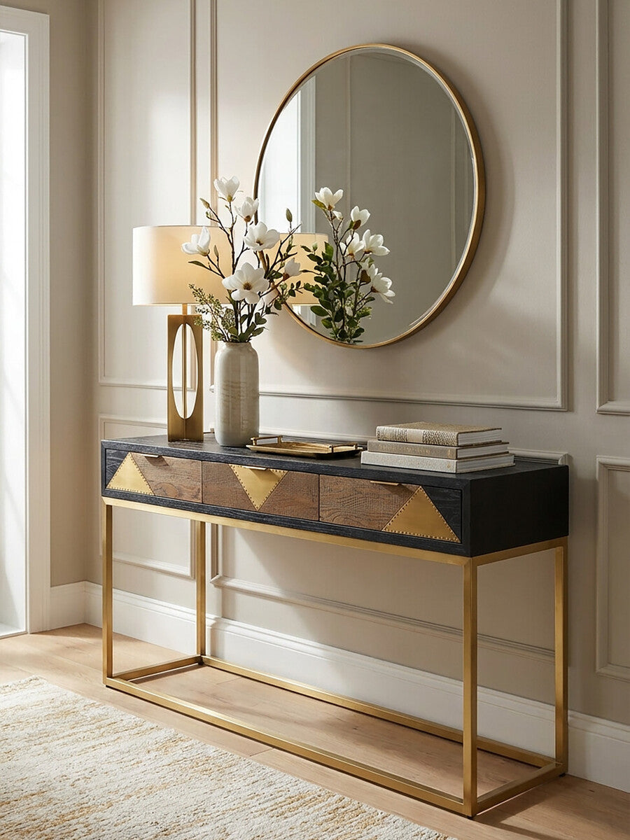 Balck Oak Wood Console Table with Sleek Brushed Gold Frame | Siena