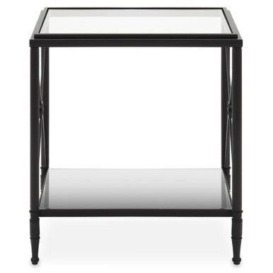 Black Metal Rectangular Frame Side Table with Two-Tier Clear Glass Shelves and Floral Motif | Axis