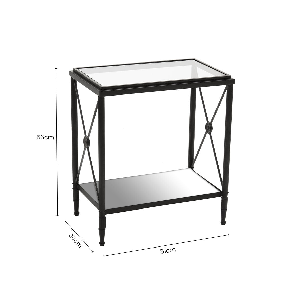 Black Metal Rectangular Frame Side Table with Two-Tier Clear Glass Shelves and Floral Motif | Axis
