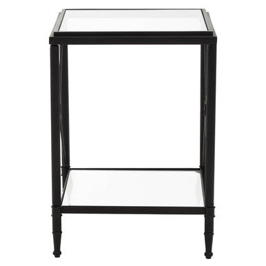 Black Metal Square Frame Side Table with Two-Tier Clear Glass Shelves and Floral Motif | Axis