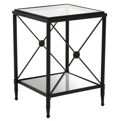 Black Metal Square Frame Side Table with Two-Tier Clear Glass Shelves and Floral Motif | Axis