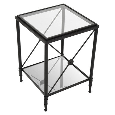 Black Metal Square Frame Side Table with Two-Tier Clear Glass Shelves and Floral Motif | Axis