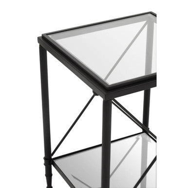 Black Metal Square Frame Side Table with Two-Tier Clear Glass Shelves and Floral Motif | Axis