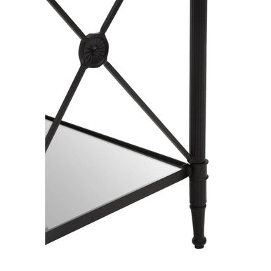 Black Metal Square Frame Side Table with Two-Tier Clear Glass Shelves and Floral Motif | Axis