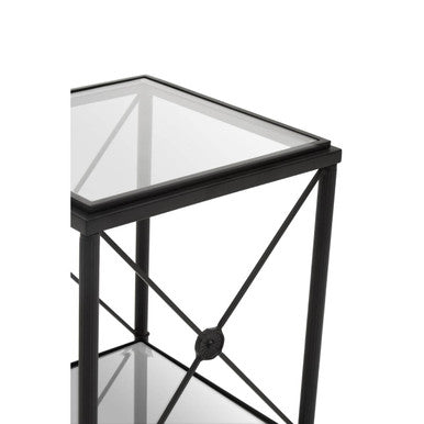 Black Metal Square Frame Side Table with Two-Tier Clear Glass Shelves and Floral Motif | Axis