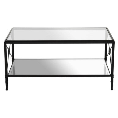 Black Finish Metal Frame Coffee Table with Two-Tier Glass Shelves and X-Shaped Sides Design | Axis