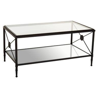 Black Finish Metal Frame Coffee Table with Two-Tier Glass Shelves and X-Shaped Sides Design | Axis