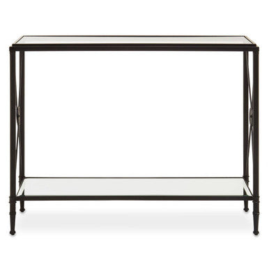 Black Metal Frame Console Table with Two-Tier Clear Glass Shelves and Floral Motif, Axis