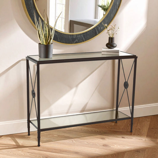 Black Metal Frame Console Table with Two-Tier Clear Glass Shelves and Floral Motif, Axis