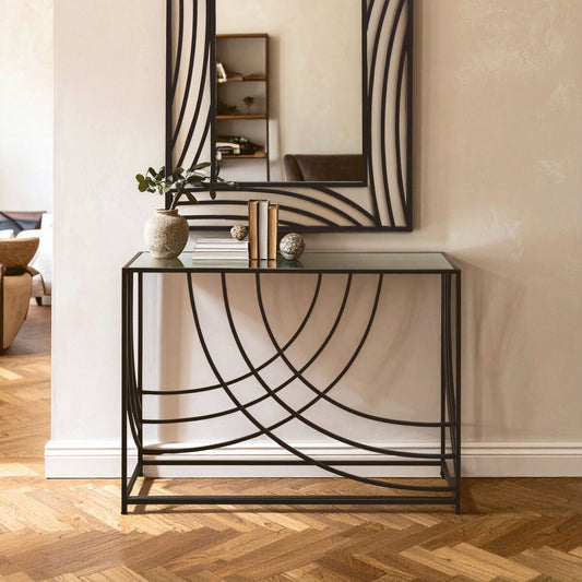 Mirrored Glass Console Table with Black Finish Metal Frame, Logan