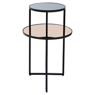 Smoked Mirror Top 2-Tier Side Table with Black Asymmetric Metal Frame | Cercle