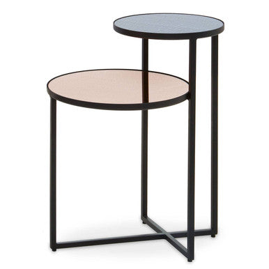 Smoked Mirror Top 2-Tier Side Table with Black Asymmetric Metal Frame | Cercle