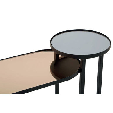 Smoked Mirror Top 2-Tier Console Table with Black Asymmetric Metal Frame, Cercle