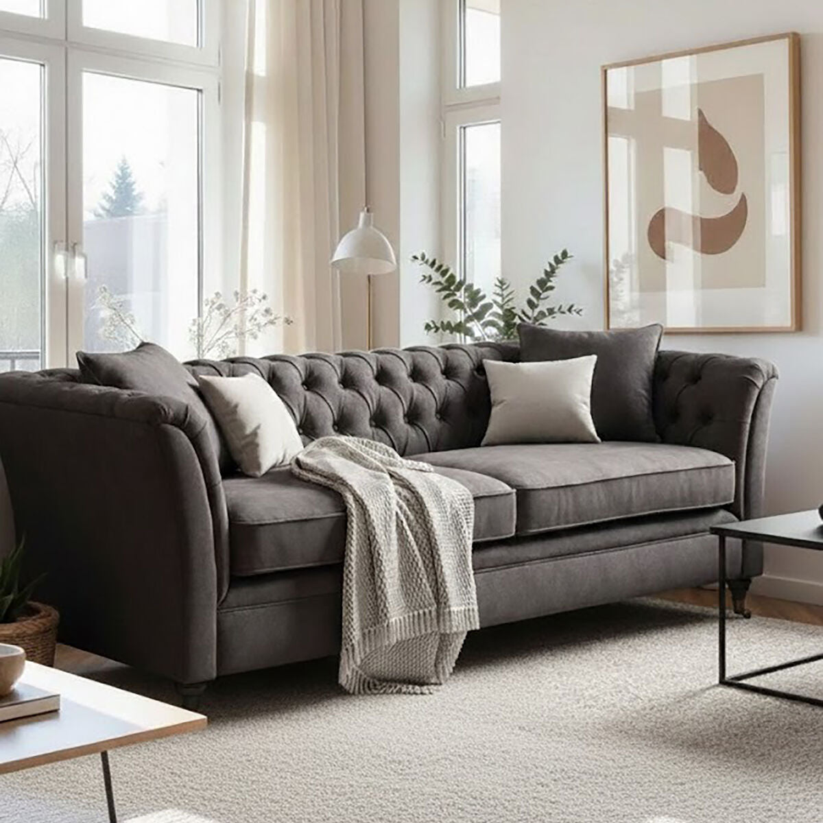 3 Seater Grey Velvet Sofa, Sabrina