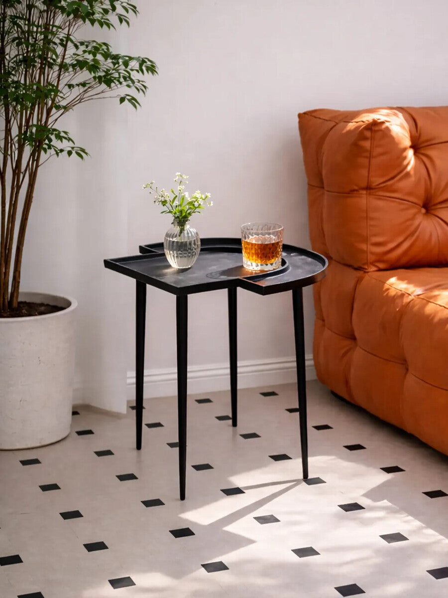Black Nickel Metal Top Futuristic Abstract Side Table with Black Frame, Simbolo