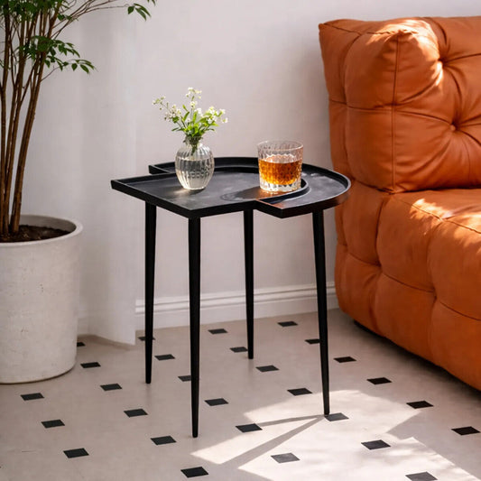 Black Nickel Metal Top Futuristic Abstract Side Table with Black Frame, Simbolo