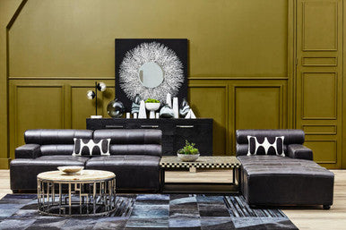 King Antique Black Genuine Leather Modular Ottoman with Channel Tufting