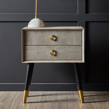 Natural Faux Shagreen Effect 2-Drawer Bedside Table with Gold Accents and Black Angular Legs, Cadio