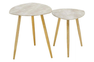 Set of 2 Natural Shagreen Leather Round Top Side Tables with Gold Finish Legs | Cadio