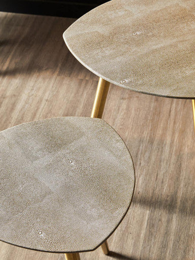 Set of 2 Natural Shagreen Leather Round Top Side Tables with Gold Finish Legs | Cadio