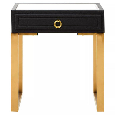 Black Shagreen Effect 1-Drawer Side Table with Brushed Matte Gold Legs and Knocker Handle | Cardoba