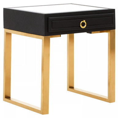 Black Faux Shagreen 1-Drawer Side Table with Brushed Matte Gold Legs and Knocker Handle, Cardoba