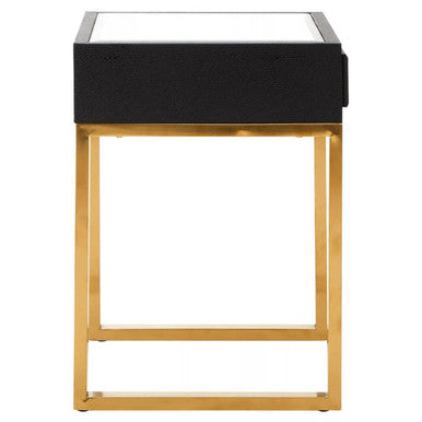 Black Faux Shagreen 1-Drawer Side Table with Brushed Matte Gold Legs and Knocker Handle, Cardoba