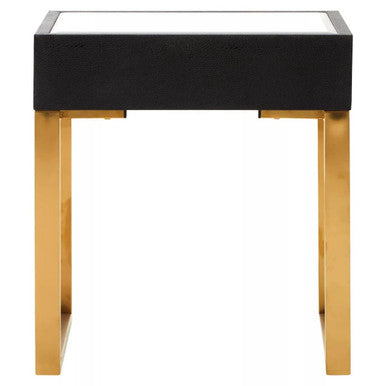 Black Faux Shagreen 1-Drawer Side Table with Brushed Matte Gold Legs and Knocker Handle, Cardoba
