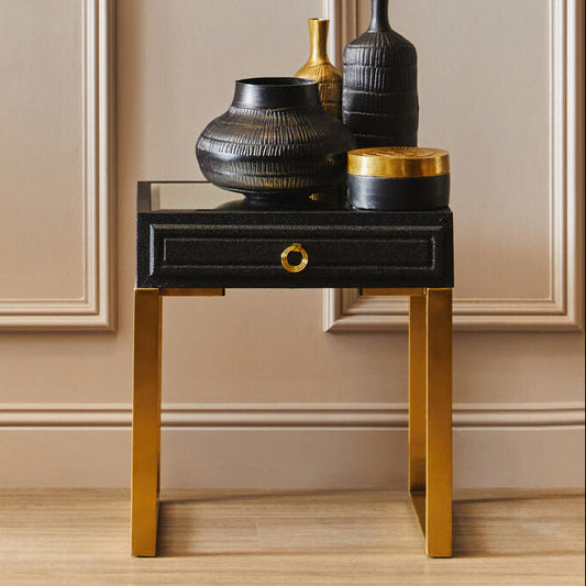 Black Shagreen Effect 1-Drawer Side Table with Brushed Matte Gold Legs and Knocker Handle | Cardoba