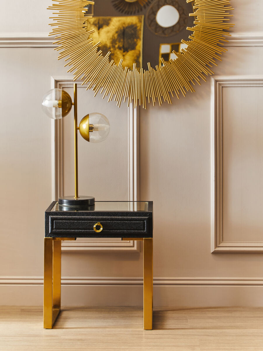 Black Faux Shagreen 1-Drawer Side Table with Brushed Matte Gold Legs and Knocker Handle, Cardoba