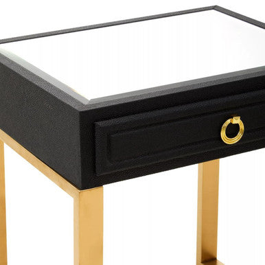 Black Faux Shagreen 1-Drawer Side Table with Brushed Matte Gold Legs and Knocker Handle, Cardoba